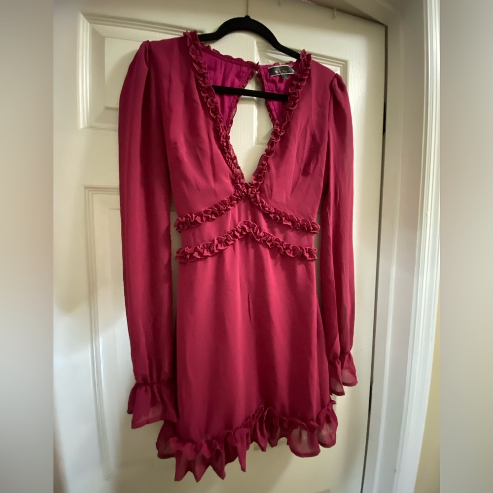 Pink Ruffled Babydoll Dress with Plunge Neckline